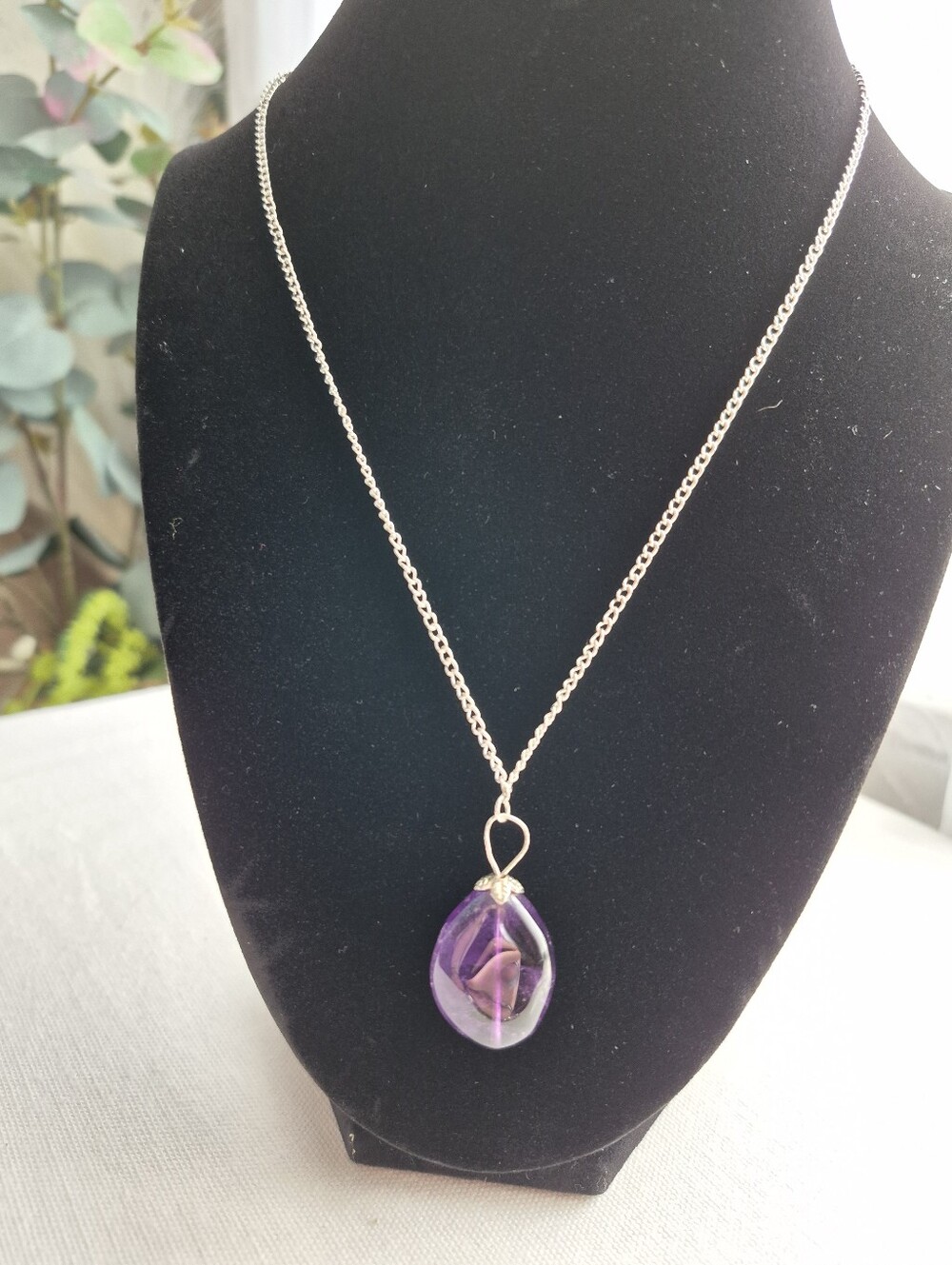 Amethyst Pendant Silvertone Necklace